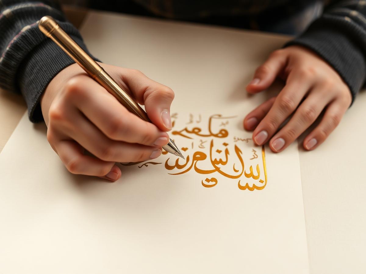 Hands writing Arabic calligraphy with golden ink
