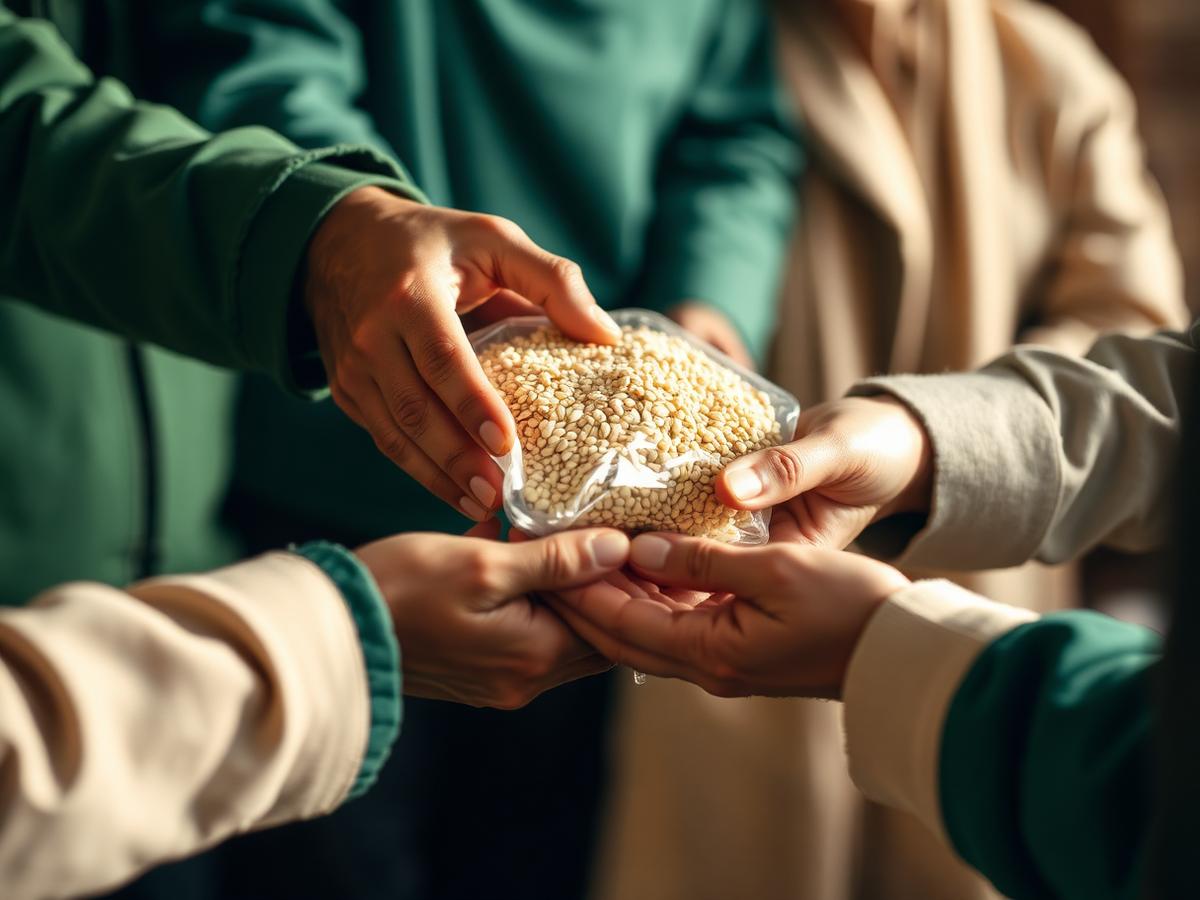 Hands giving and receiving a package of essentials during a welfare drive